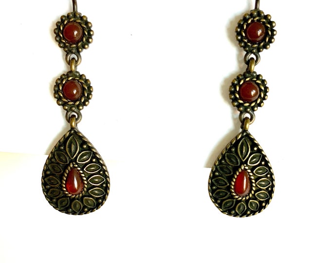 Bronze Tone Red Tear Drop Earrings