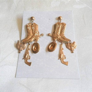 Cowgirl Gold Tone Saddle Hat Boot Pierced Dangle Earrings