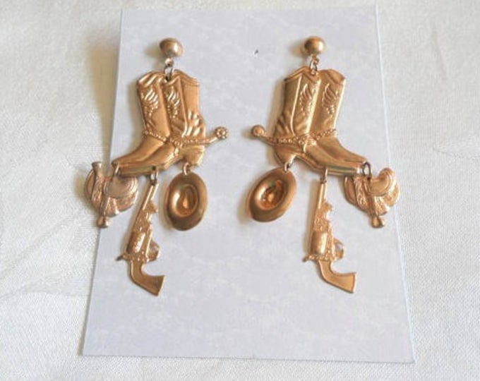 Cowgirl Gold Tone Saddle Hat Boot Pierced Dangle Earrings
