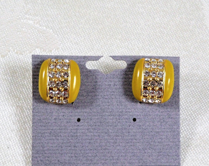 Green Olive Enamel Sparkling Clear Crystals Clip On Earrings