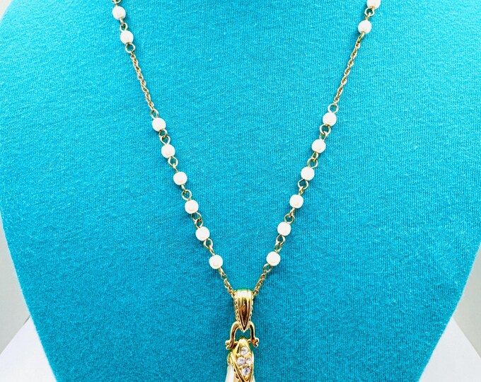 Vintage Nolan Miller Gold Tone Chain Faux Pearl Teardrop Pendant Necklace