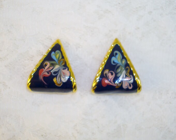 Gorgeous Multicolor Enamel Gold Tone Triangle Shape Pierced Earrings