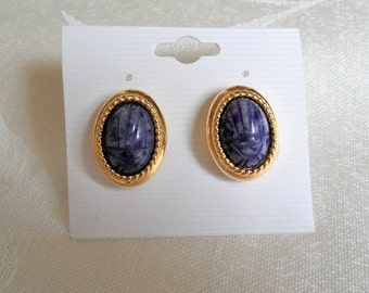 Signed W Oval Shape Gold Tone Filigree Blue Stone Clip On Earrings