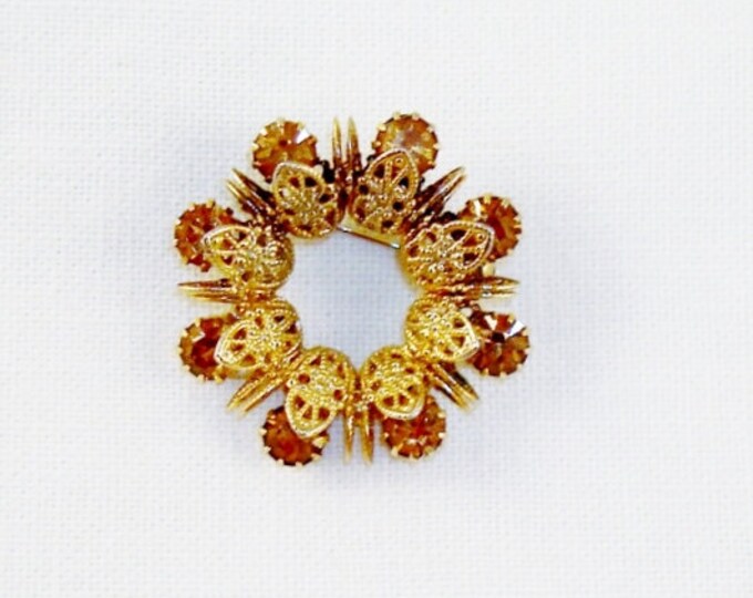 Vintage Brown Rhinestone Filigree Gold Tone Brooch Pin