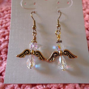 Sparkling Clear Crystals Gold Tone Angel Dangle Earrings