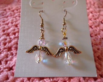 Sparkling Clear Crystals Gold Tone Angel Dangle Earrings