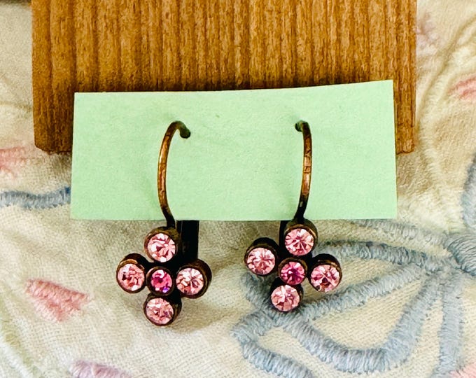 Vintage Pink Rhinestones Floral Leverback Earrings