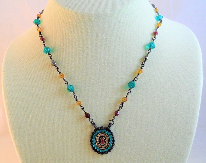 Teal Brown Beaded & Clear Crystals Pendant Vintage Y Necklace