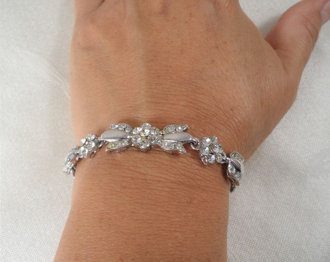 Floral Clear Rhinestones Silver Tone Vintage Bracelet
