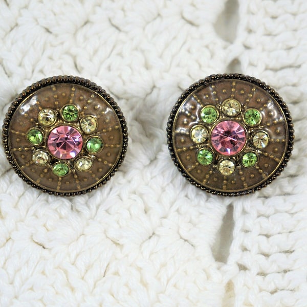 Green Pink Rhinestones Brown Metal Clip On Round Earrings