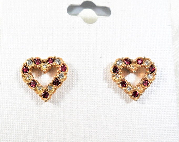 Signed Gold Tone Red Clear Rhinestones Heart Pierced Earrings