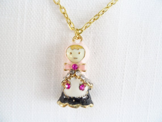 Lovely Enamel Rhinestones Vintage Doll Pendant Ne… - image 2