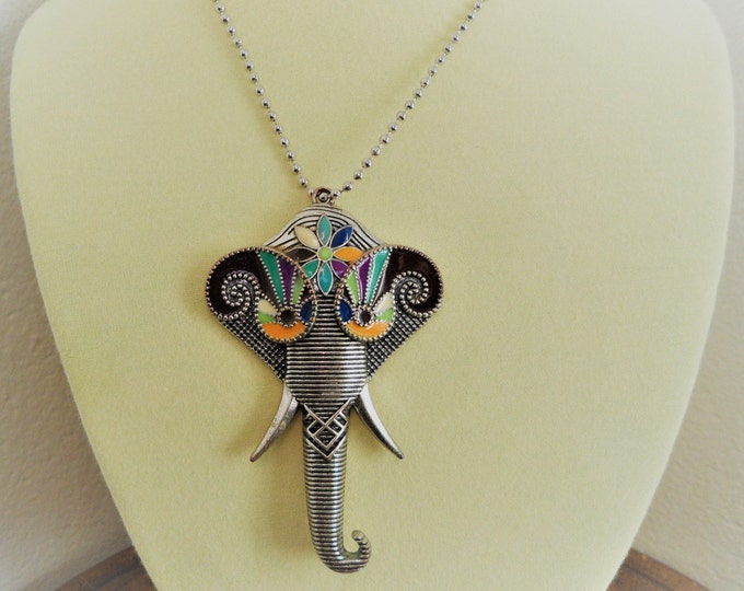 Silver Tone Multi Color Enamel Elephant Pendant Necklace
