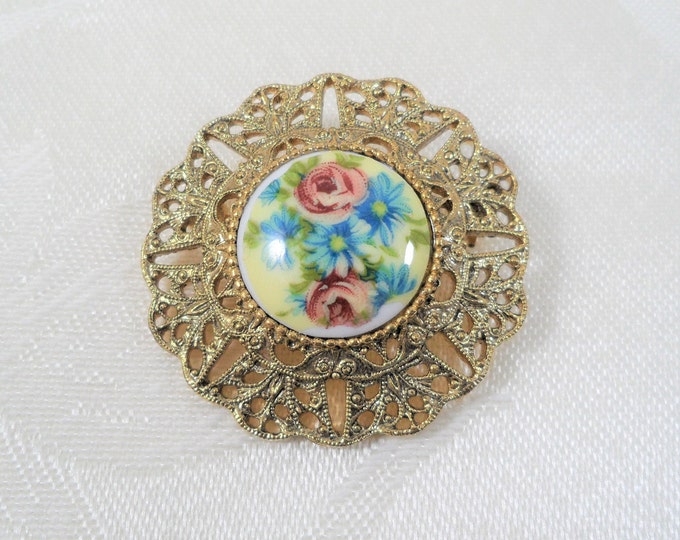 Vintage Floral Porcelain Filigree Gold Tone Brooch Pin