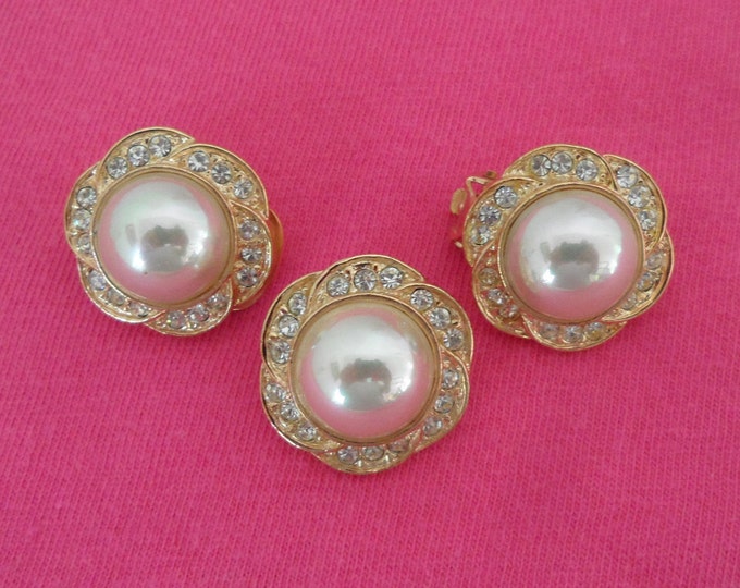 Signed Roman Clear Crystals Pearls Clip On Earrings Pendant Set