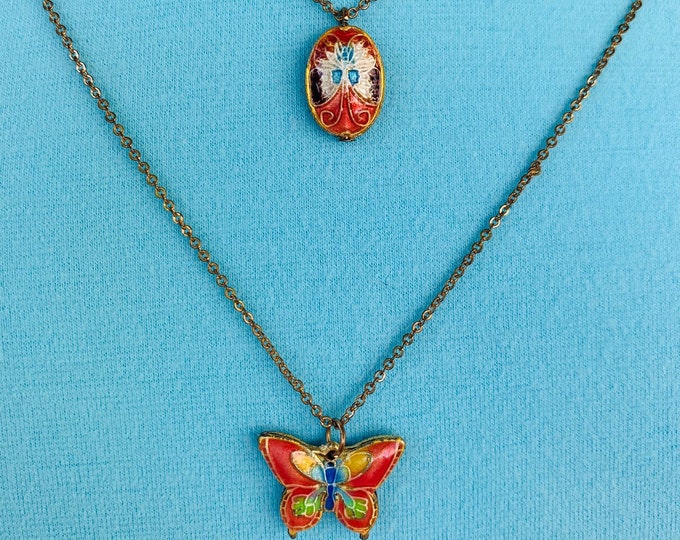 Vintage double Strand Chain Cloisonné Butterfly Pendants