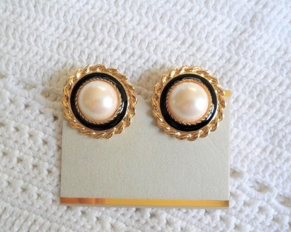 Chanel Vintage Gold Metal, Black Enamel, And Imitation Pearl