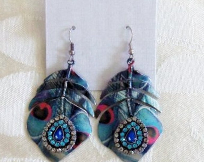 Lovely Silver Tone Blue Clear Crystals Peacock Dangle Earrings