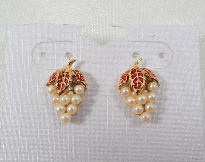 Gold Tone Leaf Red Faux Pearls Stud Earrings