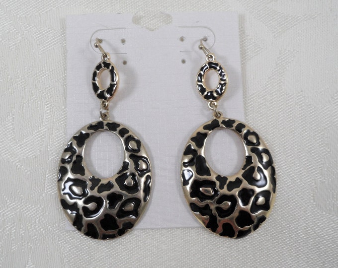 Leopard Print Silver Tone Dangle Pierced Hoop Earrings