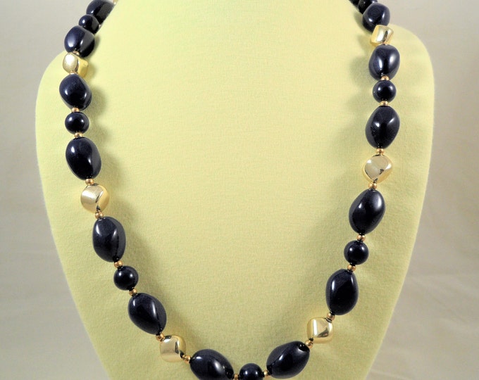 Navy Blue Synthetic Beaded Gold Tone Necklace