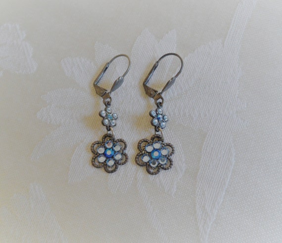 Sparkling Light Blue Crystal Floral Dangle Earrin… - image 5
