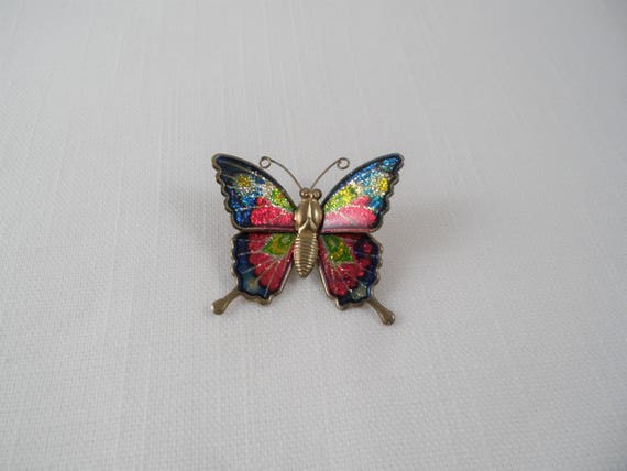 Brass Tone Butterfly Brooch Sparkled Glitter Mult… - image 2