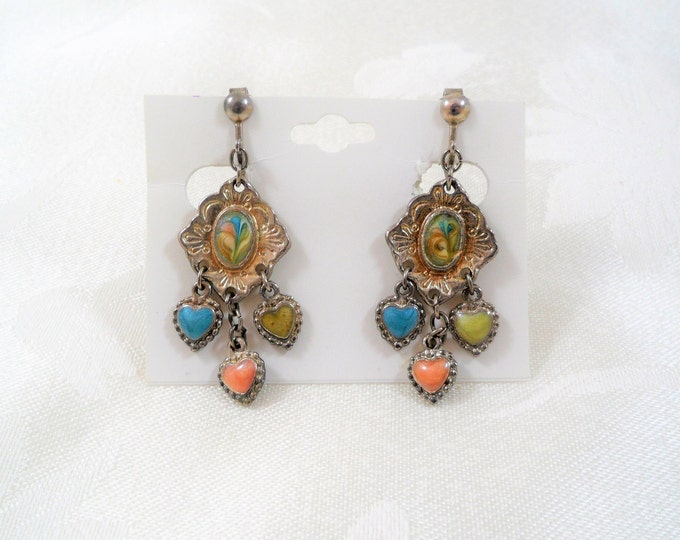 Silver Tone Multi Color Swirl Enameled Heart Clip On Chandelier Earrings