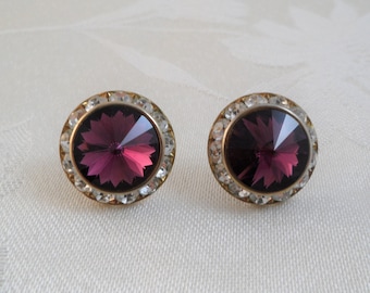 Vintage Sparkling Purple Clear Rhinestones Post Pierced Earrings