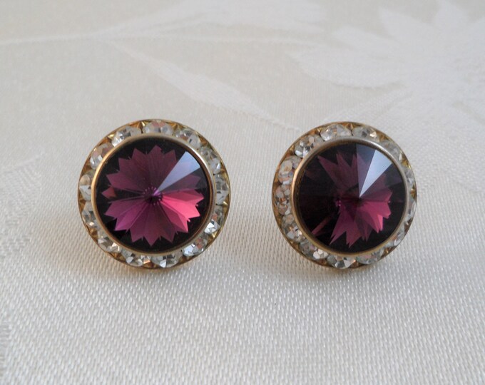 Vintage Sparkling Purple Clear Rhinestones Post Pierced Earrings