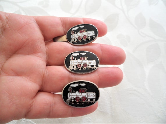 Vintage Oval Train Engine Enamel Mens Cufflinks/T… - image 2