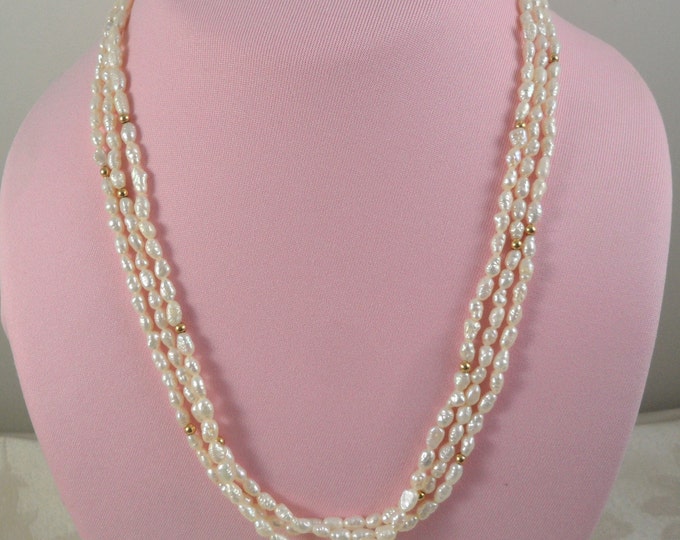 Vintage Multi Strand 14K Rice Pearl Necklace