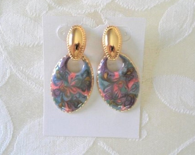Gorgeous Multi Color Swirl Enameled Gold Tone Pierced Earrings