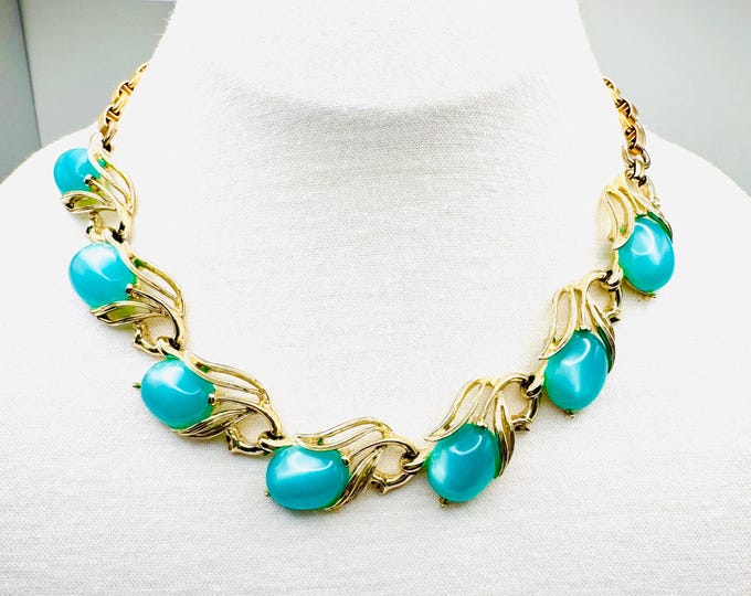 Vintage Lisner Aqua & Gold Tone Choker Necklace