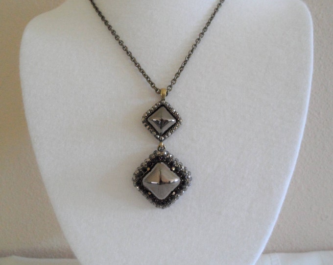 Liz Claiborne 1976 Black Crystals Diamond Shape Pendant Necklace