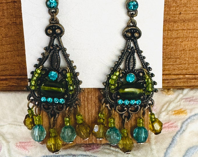 Vintage Bronze Tone Chandelier Aquamarine Green Rhinestones Beaded Earrings