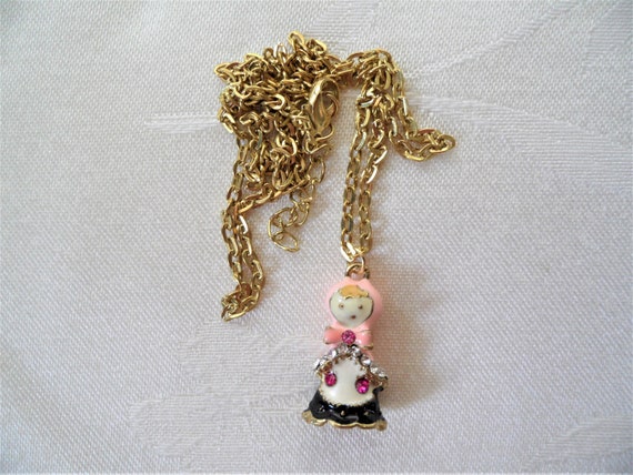 Lovely Enamel Rhinestones Vintage Doll Pendant Ne… - image 8