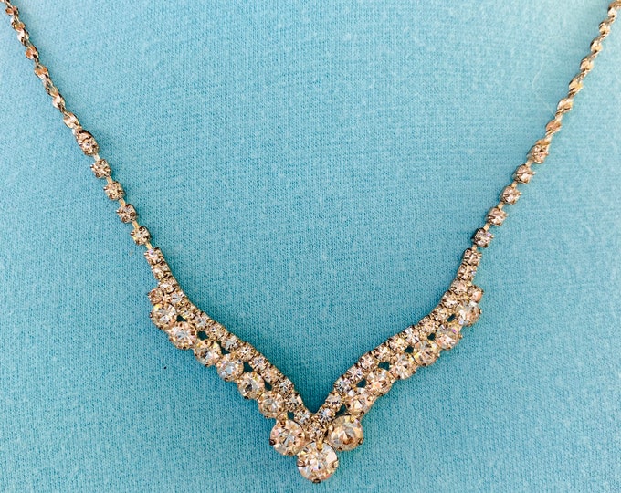 Rhinestone Vintage Choker Necklace with Prong Set Clear Rhinestones