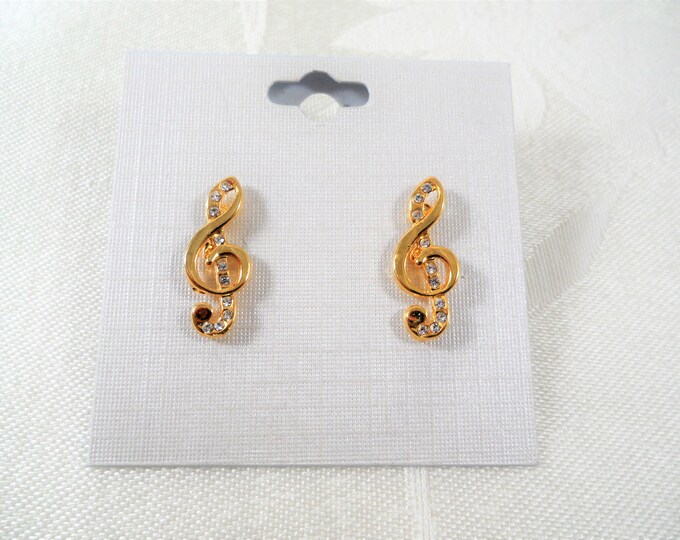 Gold Tone Clear Rhinestones Music Note Post Pierced Earrings