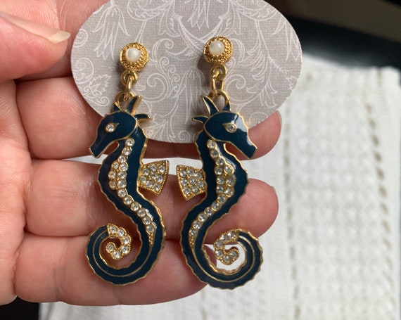 Gorgeous Blue Enameled Clear Crystals Seahorse Da… - image 2