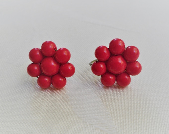 Vintage Red Flower Cluster Screw Back Earrings