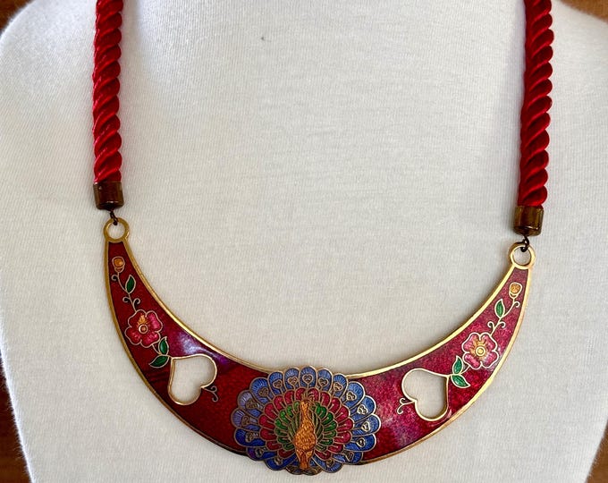 Floral Peacock Cloisonné Choker Necklace Rope Cord Vintage Necklace
