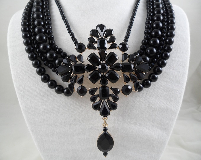 Elegant Multi Strand Signed Mika Black Necklace