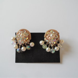 Sparkling AB Crystals Faux Pearl Chandelier Clip On Gold Tone Vintage Earrings