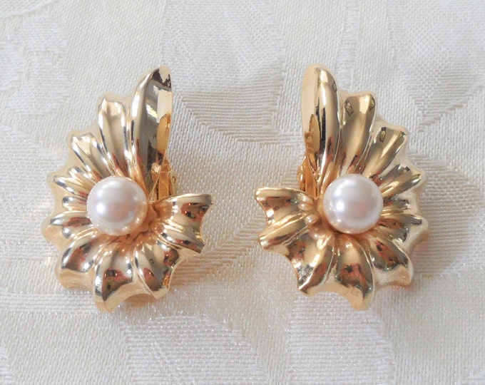 Gold Tone Faux Pearl Wing Clip On Vintage Earrings