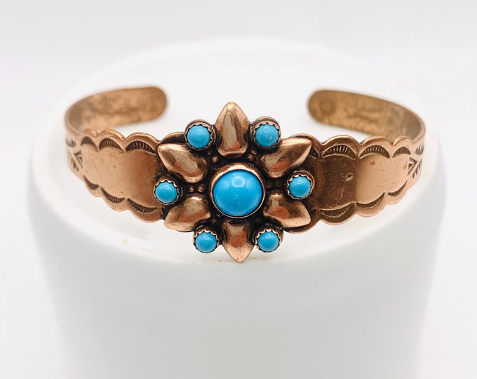 Vintage Solid Copper Southwestern Cuff with Faux Turquoise