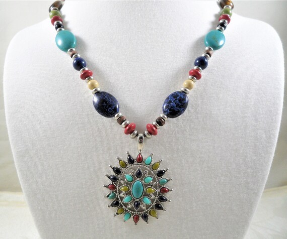 Signed Chaps Multi Color Beaded Pendant Necklace - image 2