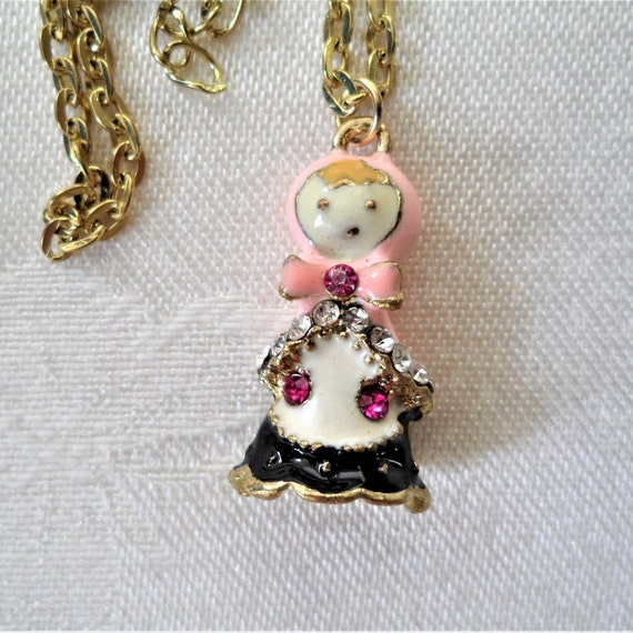 Lovely Enamel Rhinestones Vintage Doll Pendant Ne… - image 1