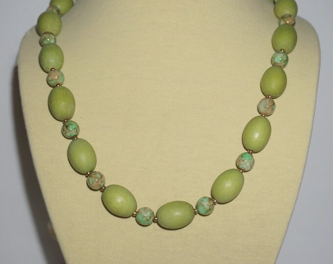 Joan Rivers Gold Plated Green Wood & Marble Glass Bead Necklace