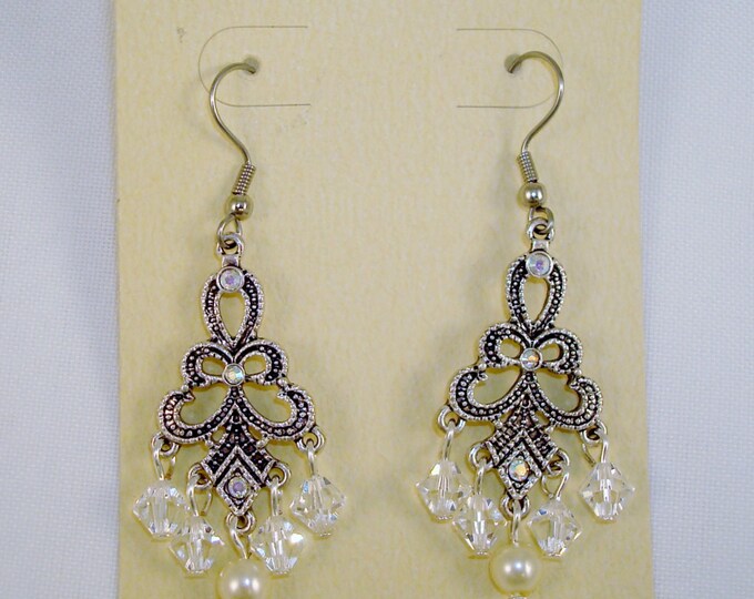 Gorgeous Antique Silver & Clear Crystals/Pearl Chandelier Earrings